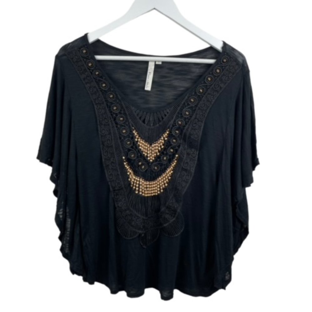 FLATS AND HEELS Womens L Black Boho Wood Bead Applique Flowy Semi Sheer Top